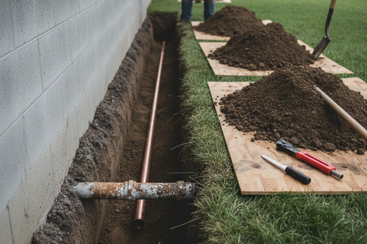 Excavated water line trench during Sewer Line Repair in Oak Creek